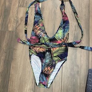 Neon Palm Print One-Piece Swimsuit - Multicolor